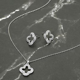 Stainless Steel Stone Pave Open Quatrefoil Pendant Necklace