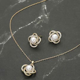 Stainless Steel Pearl Accent Stone Pave Flower Pendant Necklace