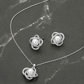 Stainless Steel Pearl Accent Stone Pave Flower Pendant Necklace