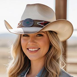 Vintage turquoise Concho Beaded Band Western Straw Cowboy Hat