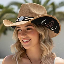 Underbrim Horse Horseshoe Print Crisscross Lace Conch Accent Band Western Cowboy Hat