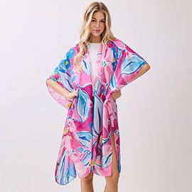 Vibrant Botanical Floral Print Silky Feel Kimono Poncho