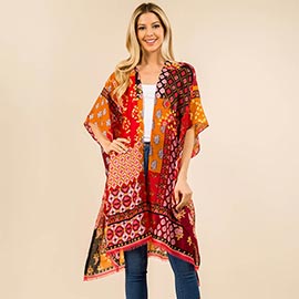 Short Sleeves Abstract Pattern Open Front Kimono Poncho