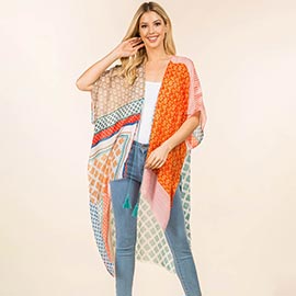 Geometric Patchwork Pattern Open Front Long Kimono Poncho