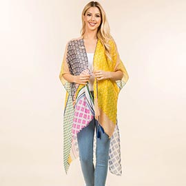 Geometric Patchwork Pattern Open Front Long Kimono Poncho