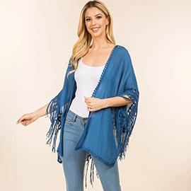 Open Front Fringe Embroidered Kimono Poncho Cardigan
