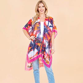 Palm Tree Leaf Pattern Open Front Kimono Poncho Wrap