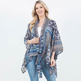 Lightweight Short Sleeves Floral Patchwork Pattern Open Front Kimono Poncho