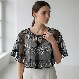 Floral Sequin Embellished Sheer Cape Shawl Top