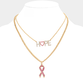 Hope Message Pink Ribbon Pendant Double Layered Necklace