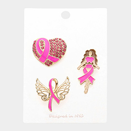 3PCS - Pink Ribbon Pointed Heart Angel Wings Afro Girl Pin Brooches