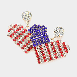 American USA Flag Rhinestone Paved Heart Dangle Earrings