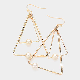 Pearl Pointed Hammered Metal Double Open Triangle Dangle Earrings