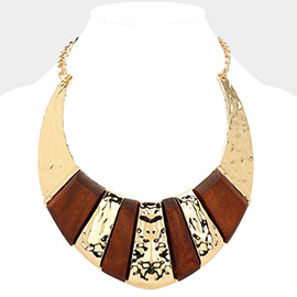 Wood Pointed Hammered Metal Curved Bib Necklace