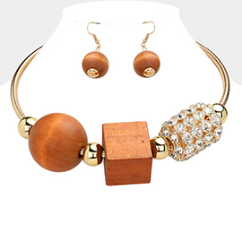 Wood Ball Cube Stone Cluster Cylinder Pointed Statement Necklace