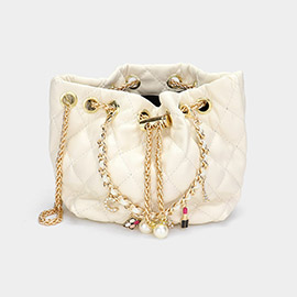 Enamel Charm Chain Pointed Faux Leather Pearl Pointed Chain Mini Bucket Bag