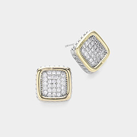 CZ Stone Paved 14K Gold Plated Two Tone Square Stud Earrings