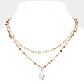 Pearl Pointed Clear Bezel Station Layered Necklace