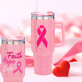 Pink Ribbon Studded 40oz Stainless Steel Tumbler With Handle