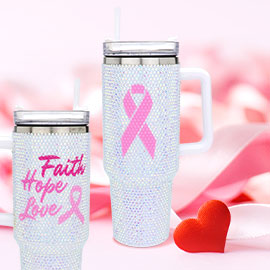 Pink Ribbon Studded 40oz Stainless Steel Tumbler With Handle