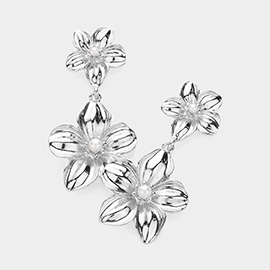 Pearl Pointed Textured Metal Flower Dangle Earrings