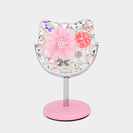 Flower Pearl Stone Embellished Cat Ear Pointed Makeup Tabletop Swivel Mirror
